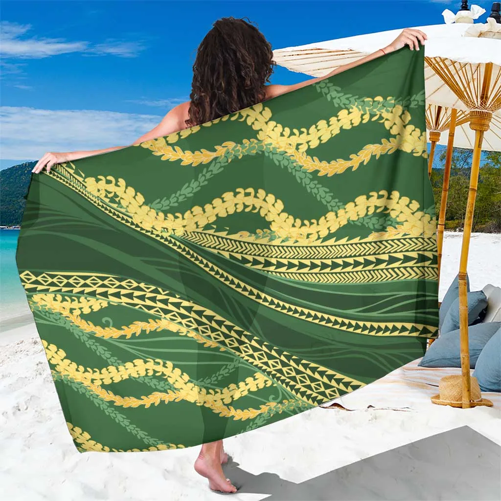 Emerald Polynesian Puakeniken Pikake Twisted Lei Sarong with Hibiscus & Plumeria Print, Beach Wrap for Resort Wear, Wholesale Pareo - main view