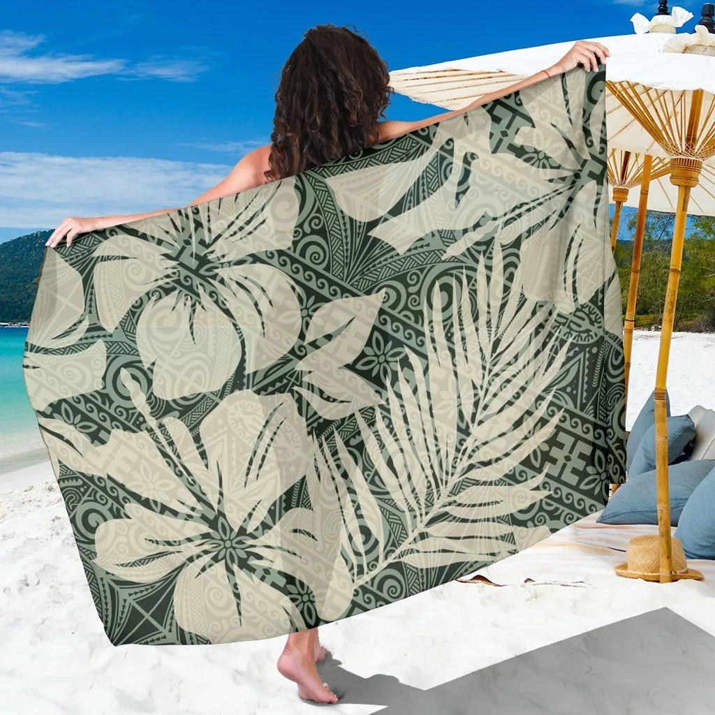 Black Polynesian Sarong with Abstract Hibiscus Flowers and Tribal Print Beach Wrap Wholesale Pareo - main view