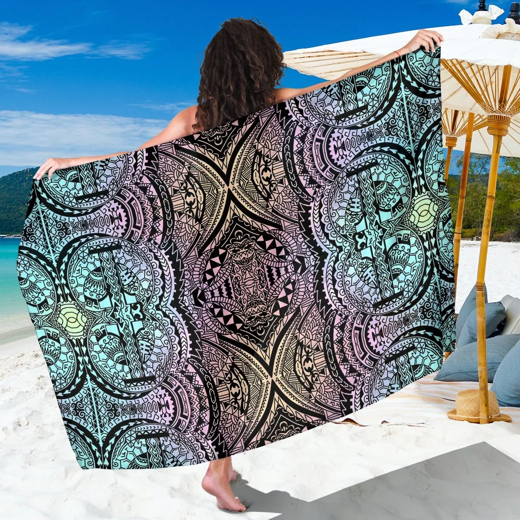 Multicolor Polynesian Tropical Floral Tattoo Print Sarong Beach Wrap for Resort Hotel Wholesale Pareo - main view