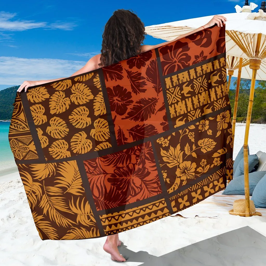 Multicolor Patchwork Polynesian Tiki Palm Hibiscus Print Sarong Beach Wrap Resort Hotel Cover Up Wholesale Pareo - main view