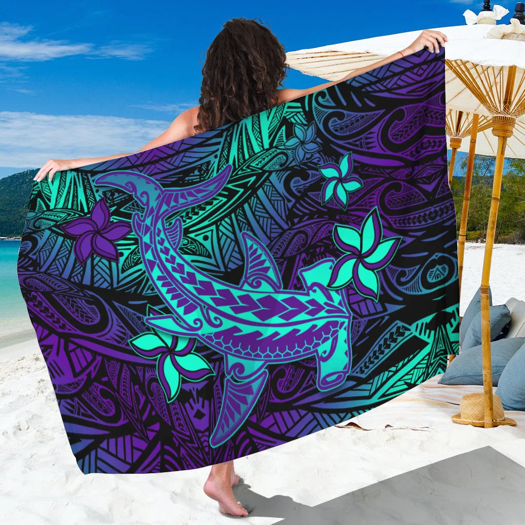 Purple Hawaiian Tribal Polynesian Hammerhead Shark Print Sarong Beach Wrap Pareo for Resort Vacation OEM Wholesale - main view