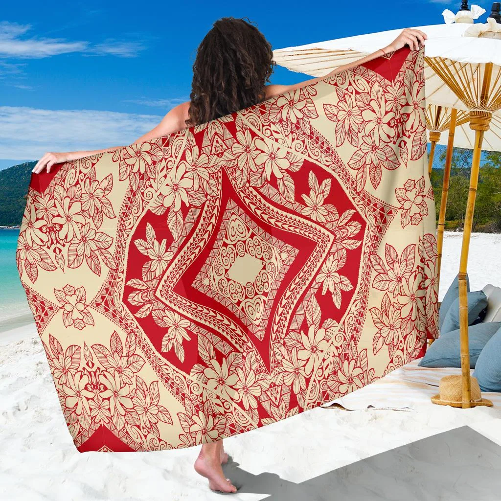 Red Polynesian Tiki Hibiscus Palm Print Sarong Beach Wrap for Resort Hotel Wholesale Pareo - main view