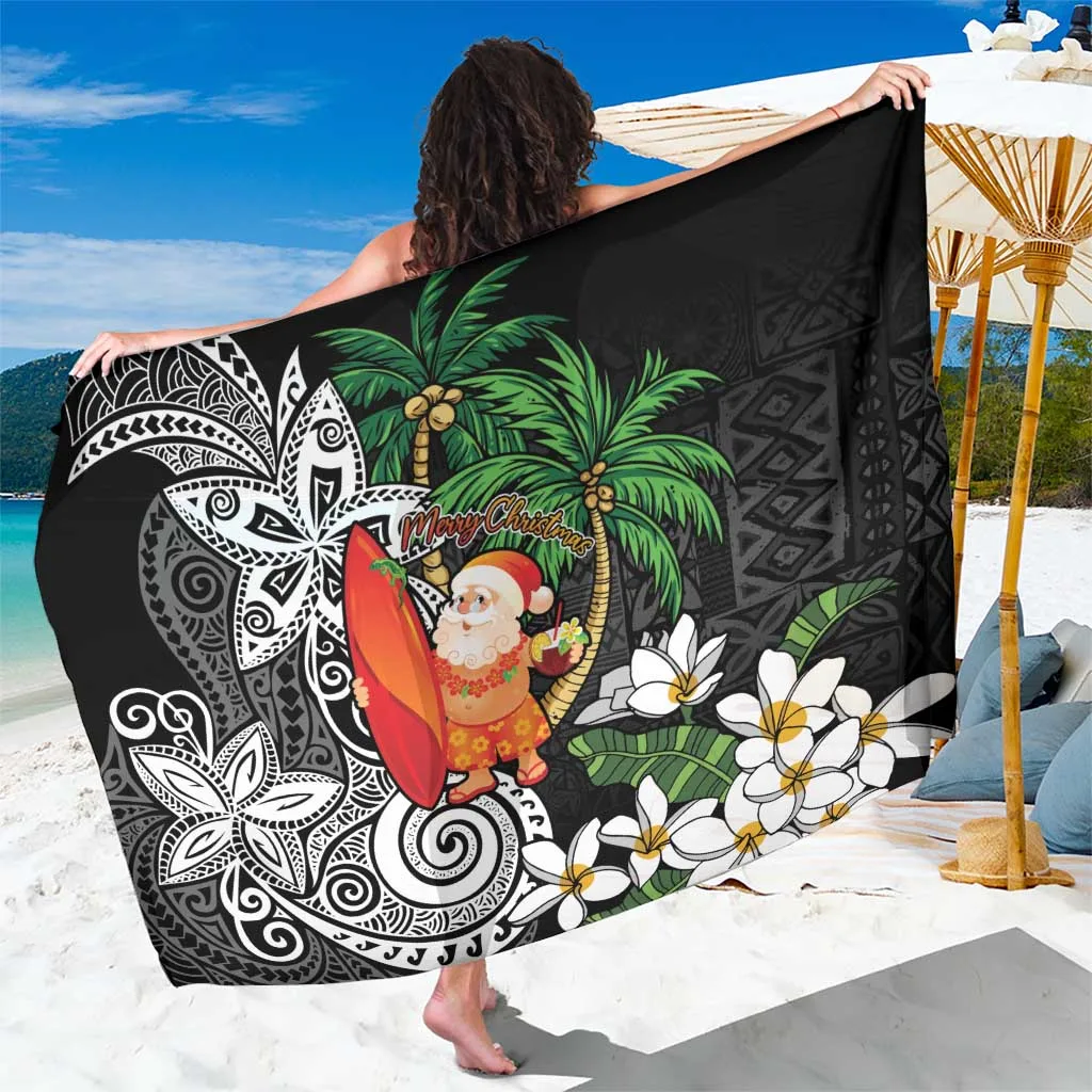 Black Vintage Polynesian Plumeria Santa Tropical Print Sarong Beach Wrap Wholesale Pareo - main view