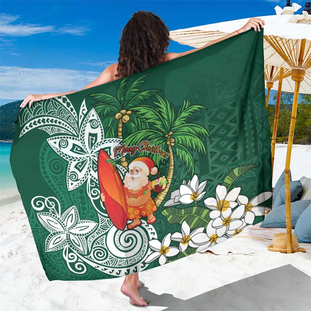 Green Vintage Polynesian Sarong with Plumeria Tropical Santa Print Beach Wrap Wholesale Pareo - main view