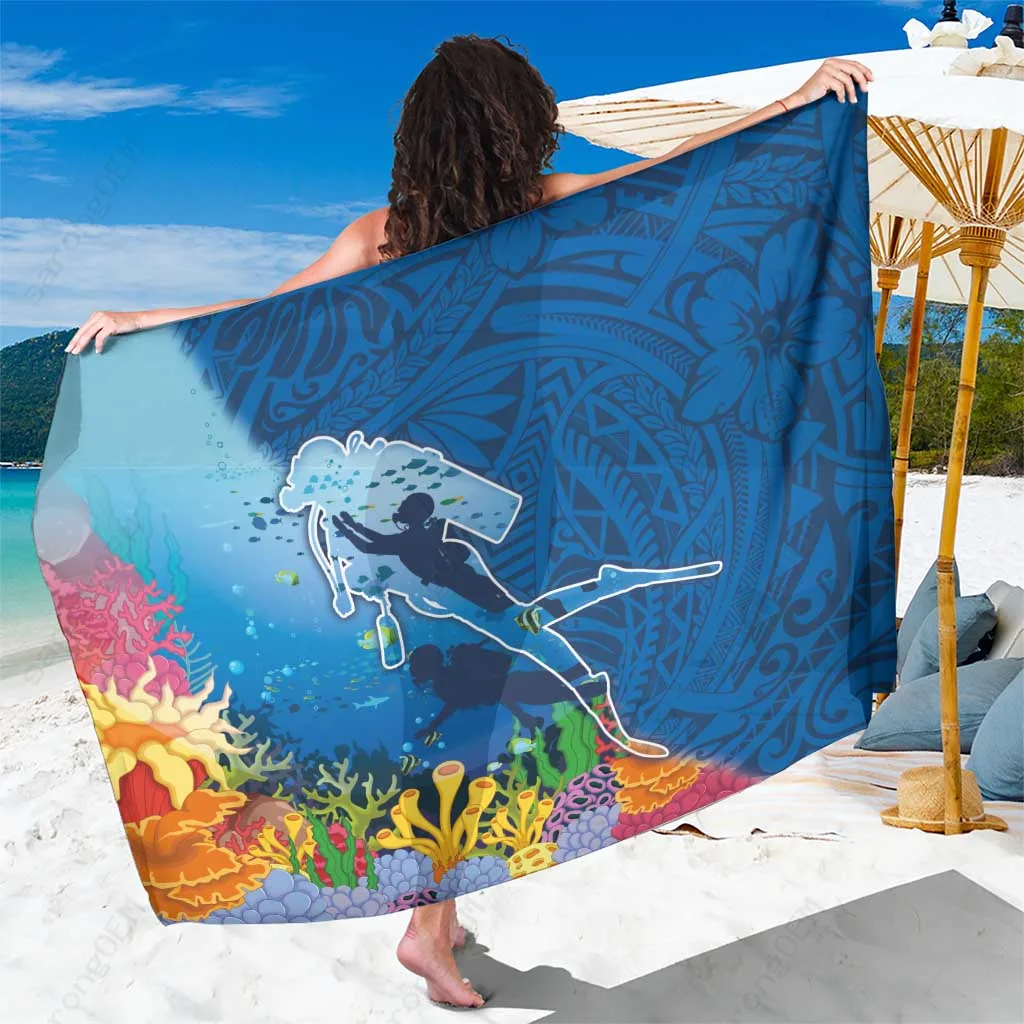 Deep Blue Coral Sea Turtle Fish Print Sarong Polynesian Beach Wrap Pareo Wholesale - main view