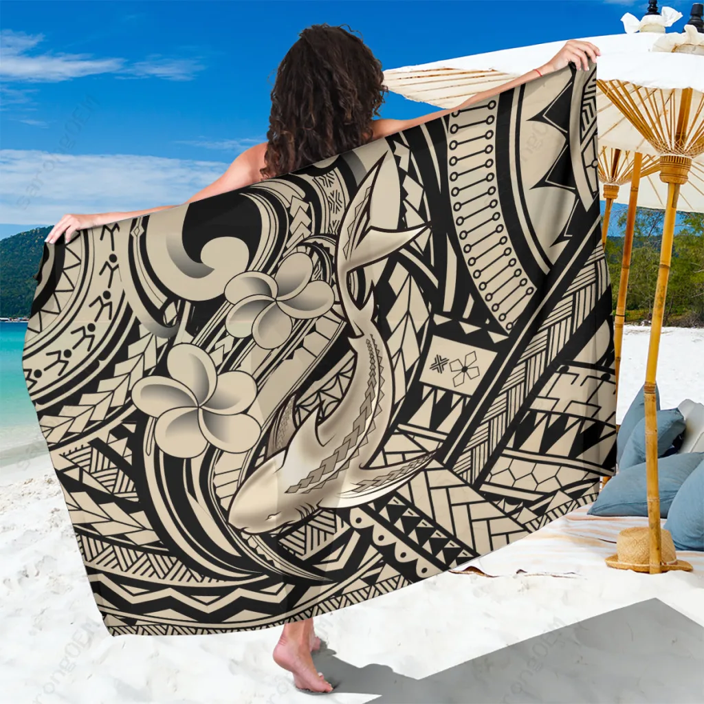Beige Polynesian Shark Tribal Tattoo Sarong Beach Wrap Summer Cover Up Wholesale Pareo - main view