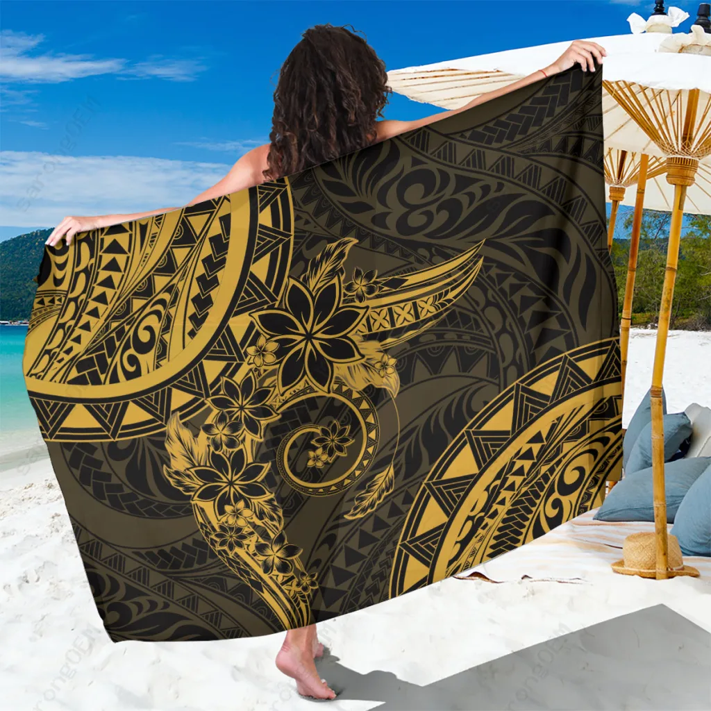 Gold Polynesian Sunset Plumeria Tribal Print Sarong Beach Wrap Summer Island Cover Up Wholesale Pareo - main view