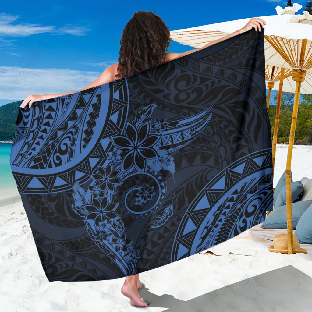 Navy Polynesian Sunset Plumeria Tattoo Print Sarong Tropical Beach Wrap Pareo Wholesale - main view