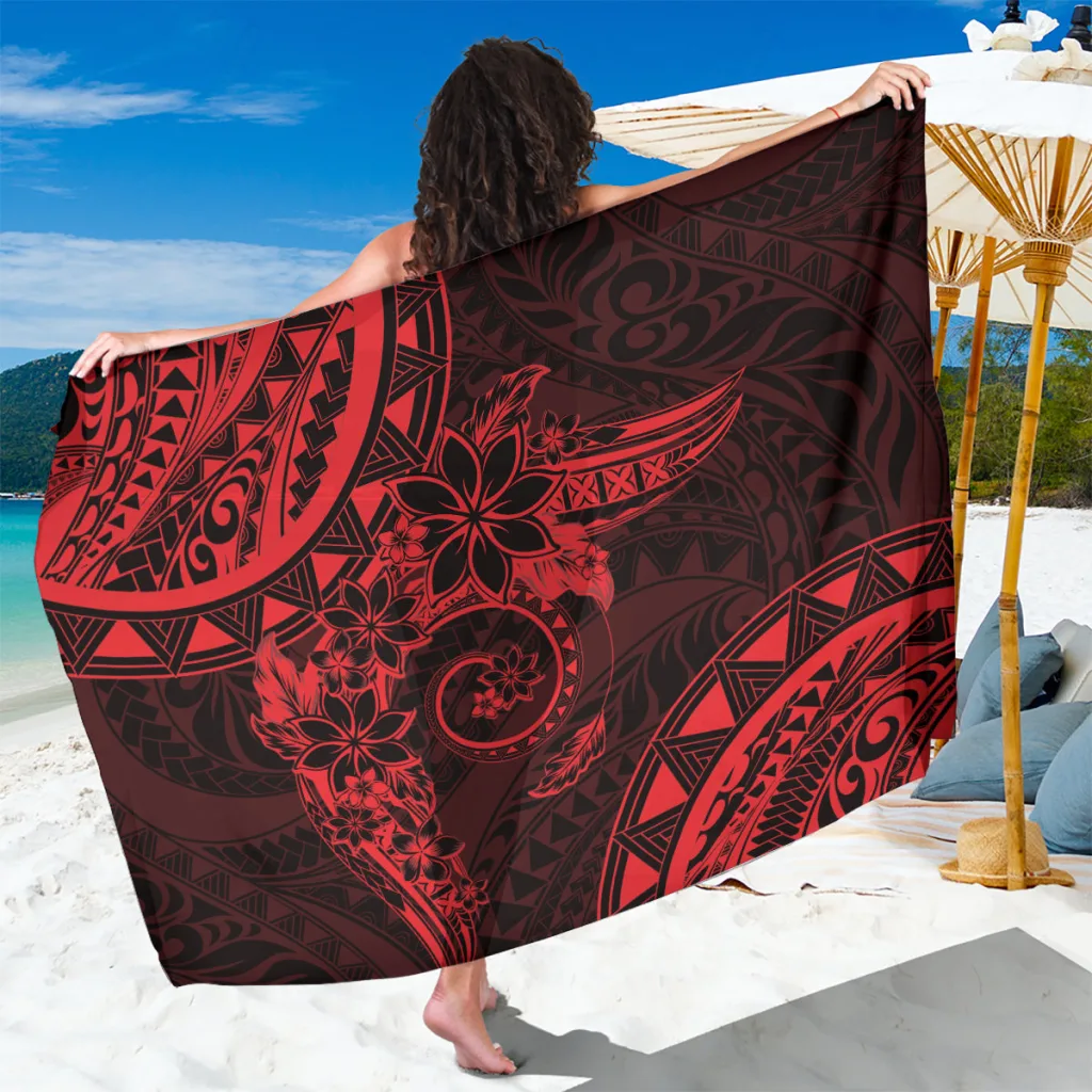 Red Polynesian Sunset Plumeria Tribal Print Sarong Beach Wrap Resort Cover Up Wholesale Pareo - main view