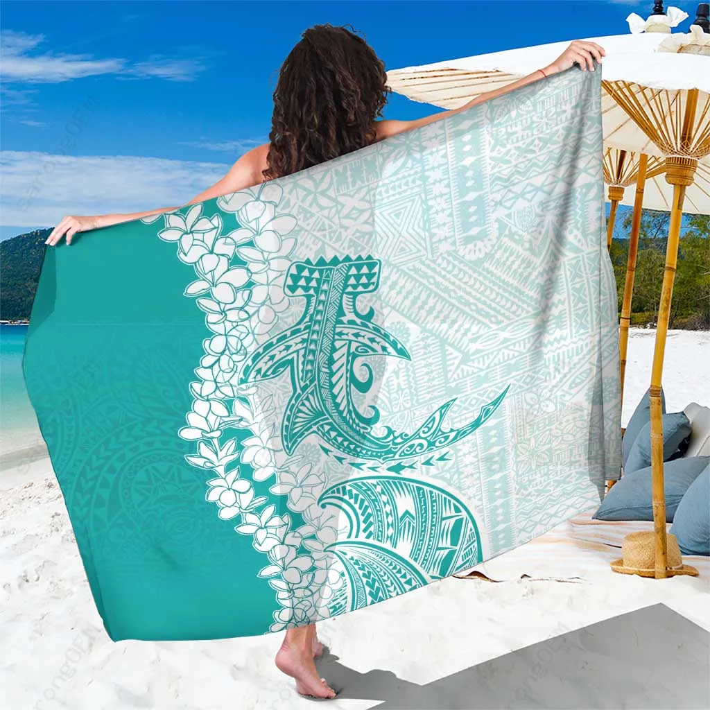 Teal Plumeria Lei Hammerhead Shark Print Sarong Polynesian Beach Wrap Wholesale Pareo - main view