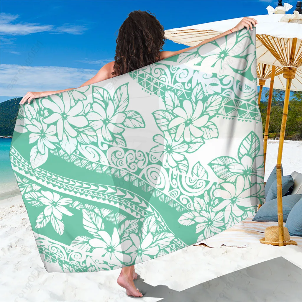 Cyan Polynesian Tiare Flower Tropical Floral Print Sarong Beach Wrap for Resort Hotel Wholesale Pareo - main view