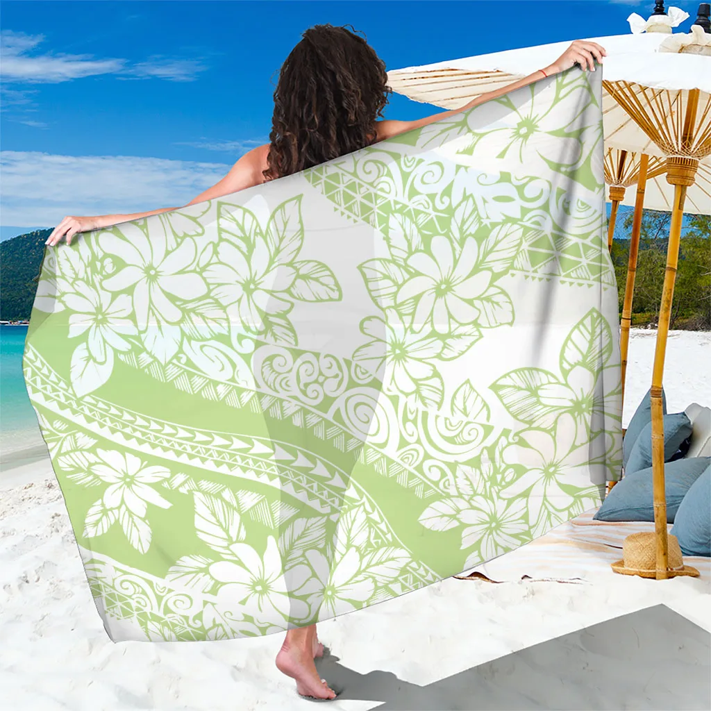 Sage Green Polynesian Tiare Flower Hibiscus Print Sarong Beach Wrap Resort Cover Up Wholesale Pareo - main view