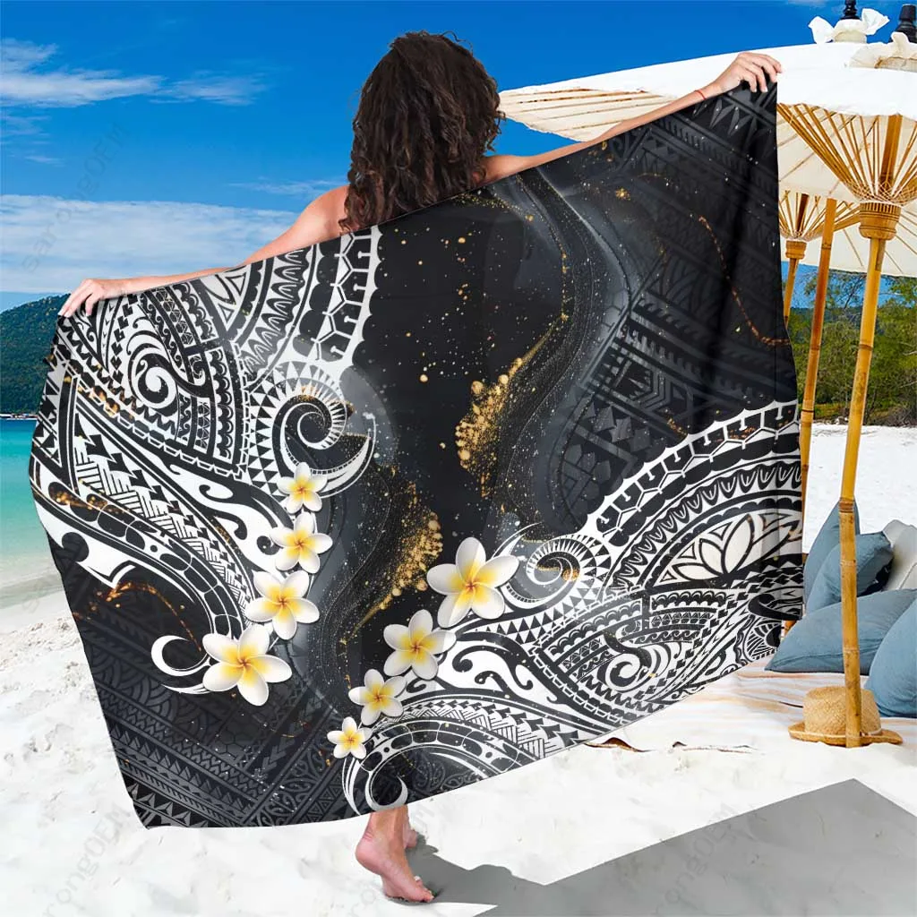Black Plumeria Tribal Tattoo Gold Marble Print Sarong Polynesian Beach Wrap Pareo Wholesale