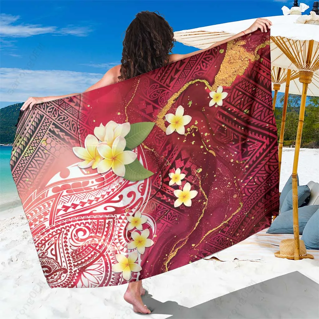 Red Gold Marble Plumeria Tribal Tattoo Print Sarong Polynesian Beach Wrap Pareo Wholesale - main view