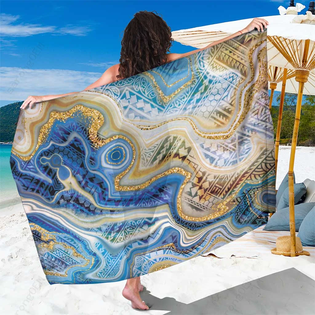 Deep Blue Swirling Ocean Marble Polynesian Tribal Tattoo Sarong Beach Wrap Pareo for Resort Wholesale - main view