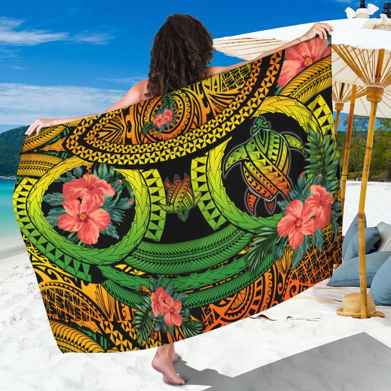 Black Polynesian Turtle Hibiscus Print Sarong Beach Wrap Tropical Island Resort Cover Up Wholesale Pareo - main view