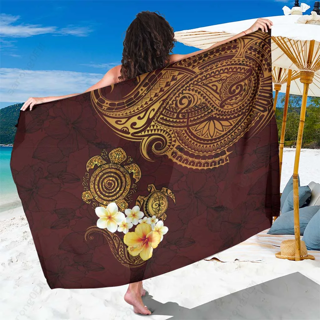 Oxblood Polynesian Turtle Sarong with Plumeria Hibiscus Pattern Beach Wrap Wholesale Pareo - main view