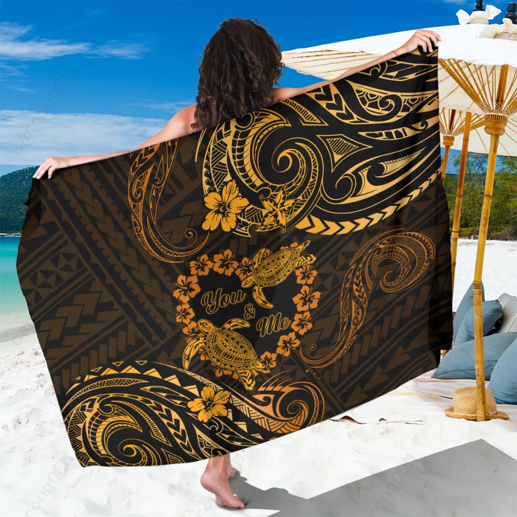 Gold Hibiscus Turtle Polynesian Print Sarong Beach Wrap Summer Island Cover Up Wholesale Pareo - main view