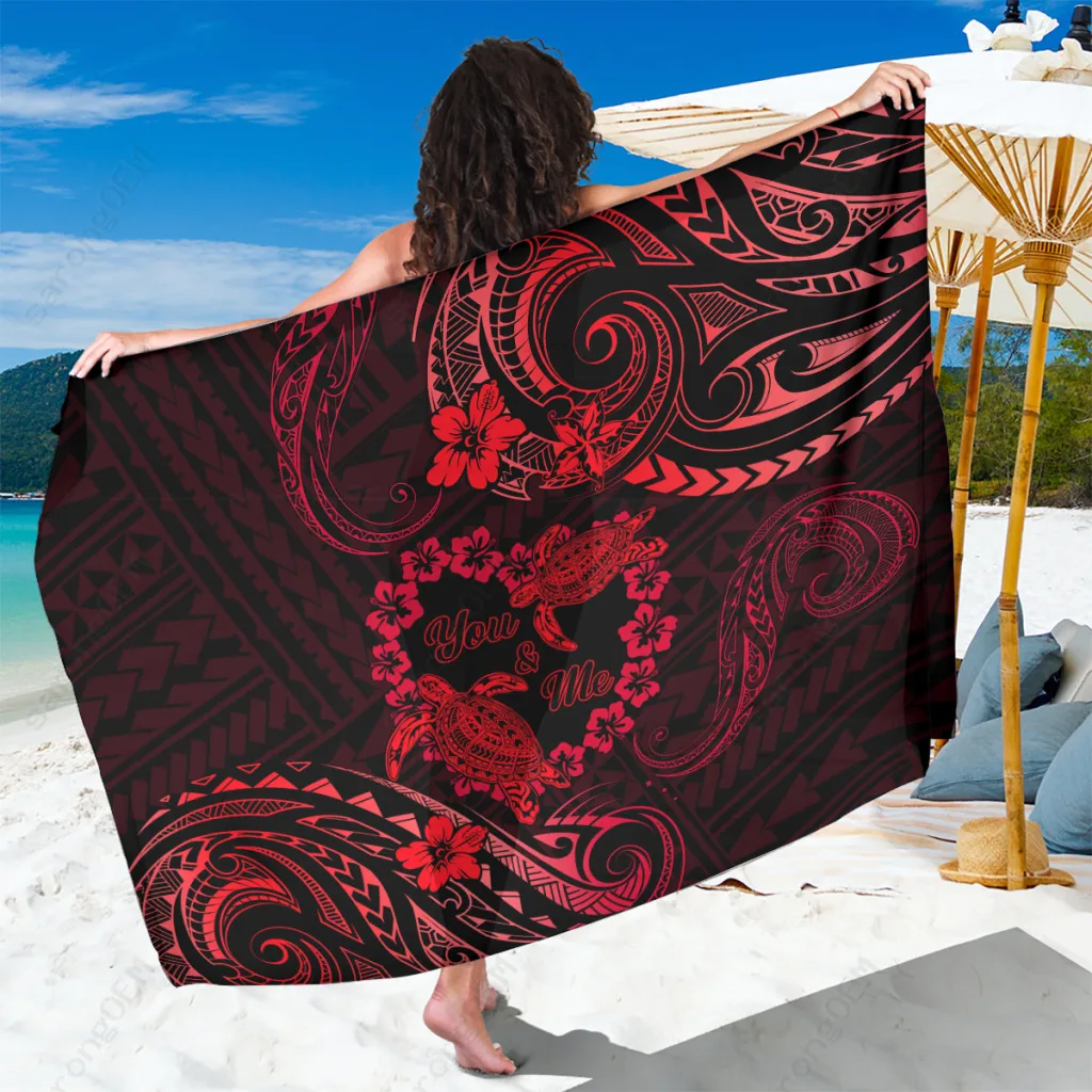 Red Polynesian Turtle Hibiscus Print Sarong Beach Wrap Pareo Tropical Island Cover Up Wholesale - main view