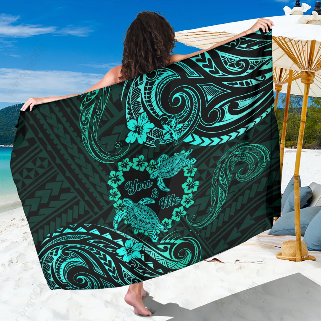 Turquoise Polynesian Turtle Hibiscus Print Sarong Beach Wrap Summer Resort Cover Up Wholesale Pareo - main view