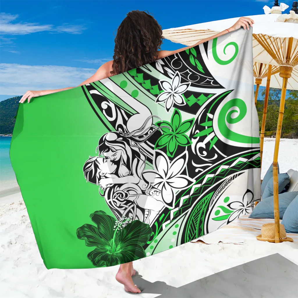 Green Polynesian Floral Tribal Print Sarong Beach Wrap Couple Pareo Summer Resort Cover Up Wholesale - main view
