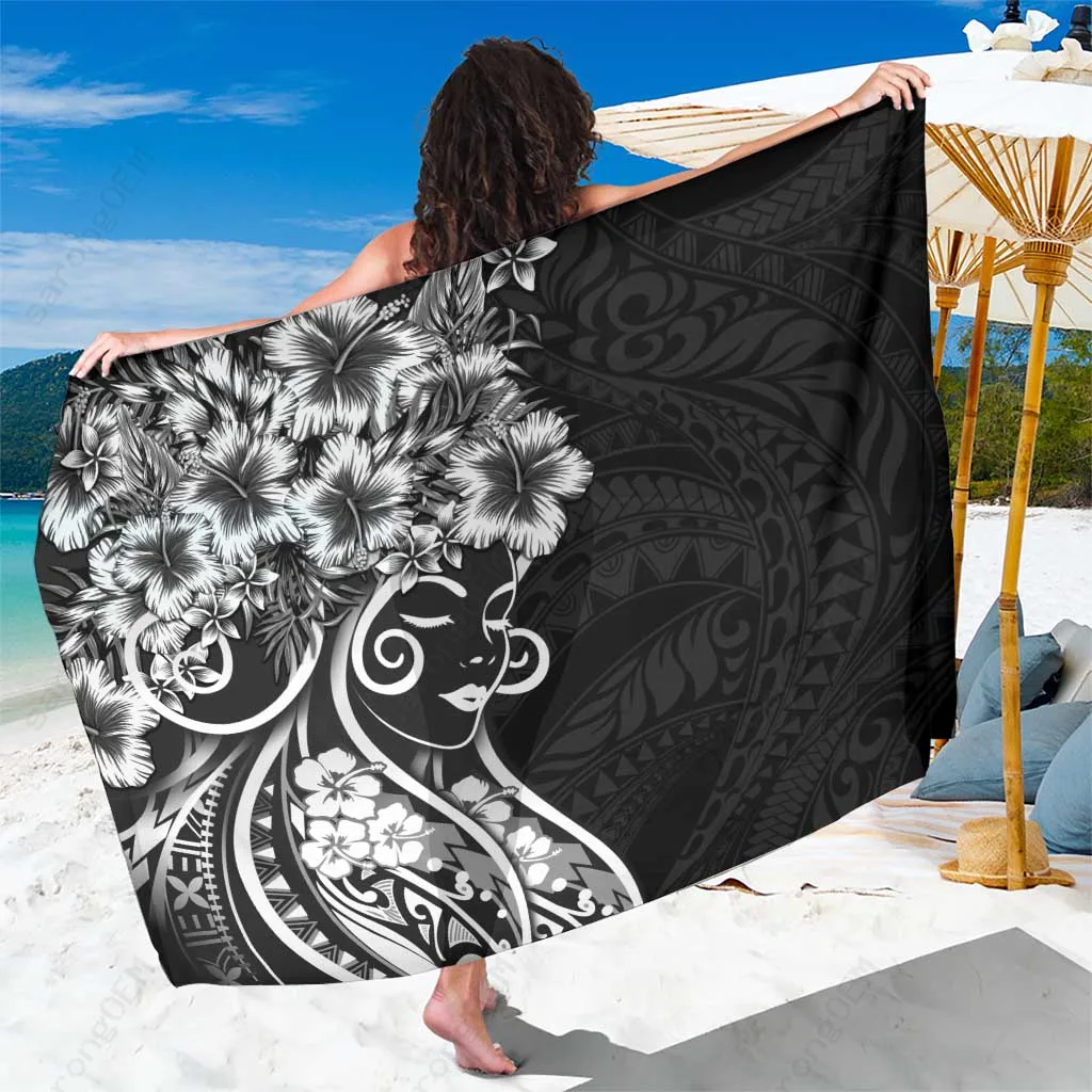 Black Hibiscus Polynesian Print Sarong Beach Wrap Tropical Island Cover Up Pareo Wholesale - related