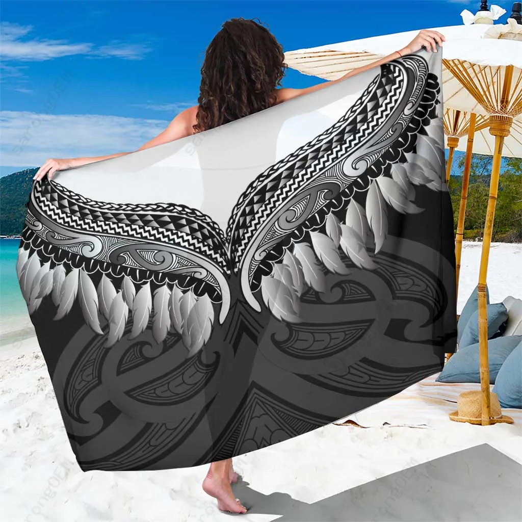 Black Poutama Korowai Maori Tattoo Print Sarong Polynesian Beach Wrap Wholesale Pareo - main view