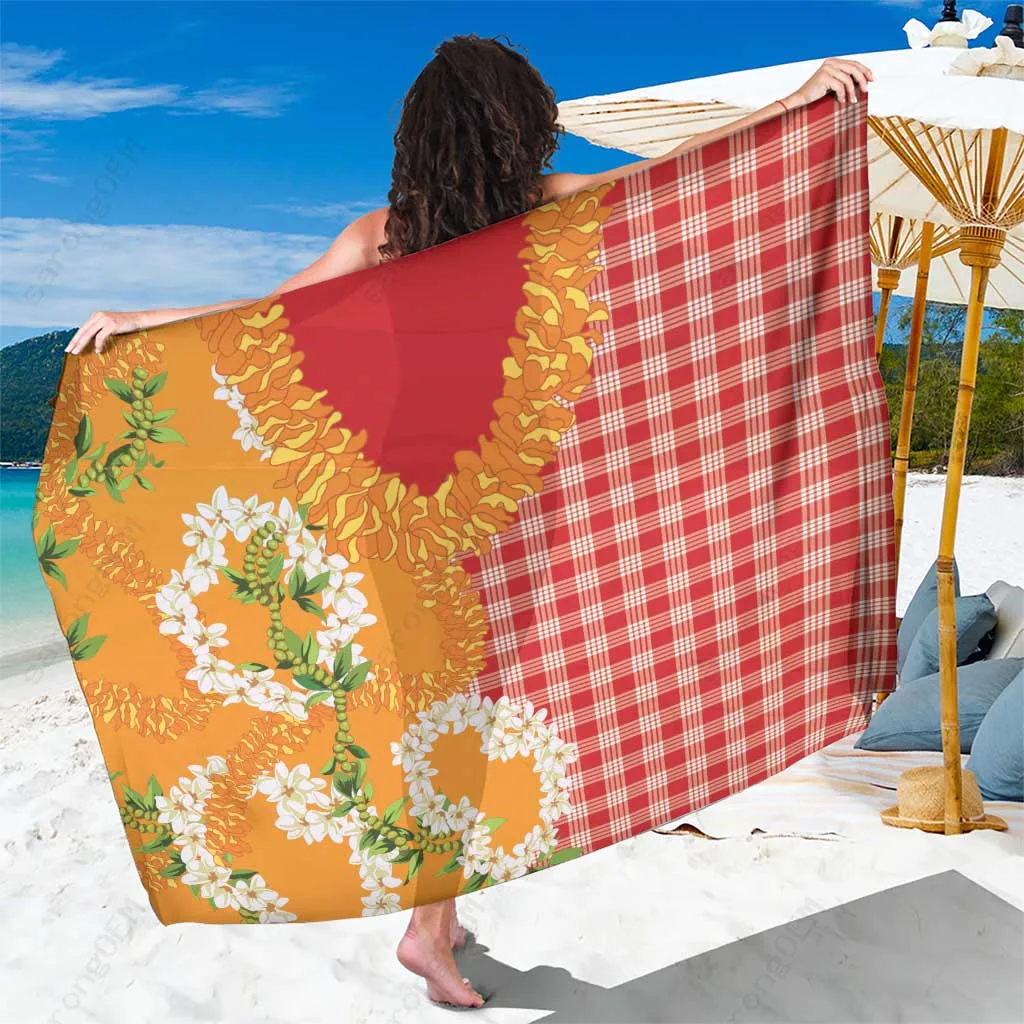 White Base Plumeria Ilima Lei Palaka Motifs Print Sarong Hawaii Tropical Beach Wrap Wholesale Pareo - main view