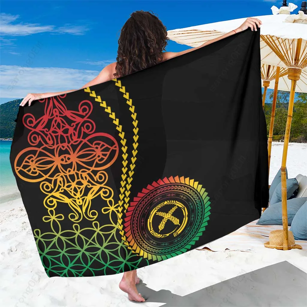Red Tropical Hibiscus & Tribal Print Sarong, Polynesian Style Beach Wrap for Resort Wear, Wholesale Pareo - main view
