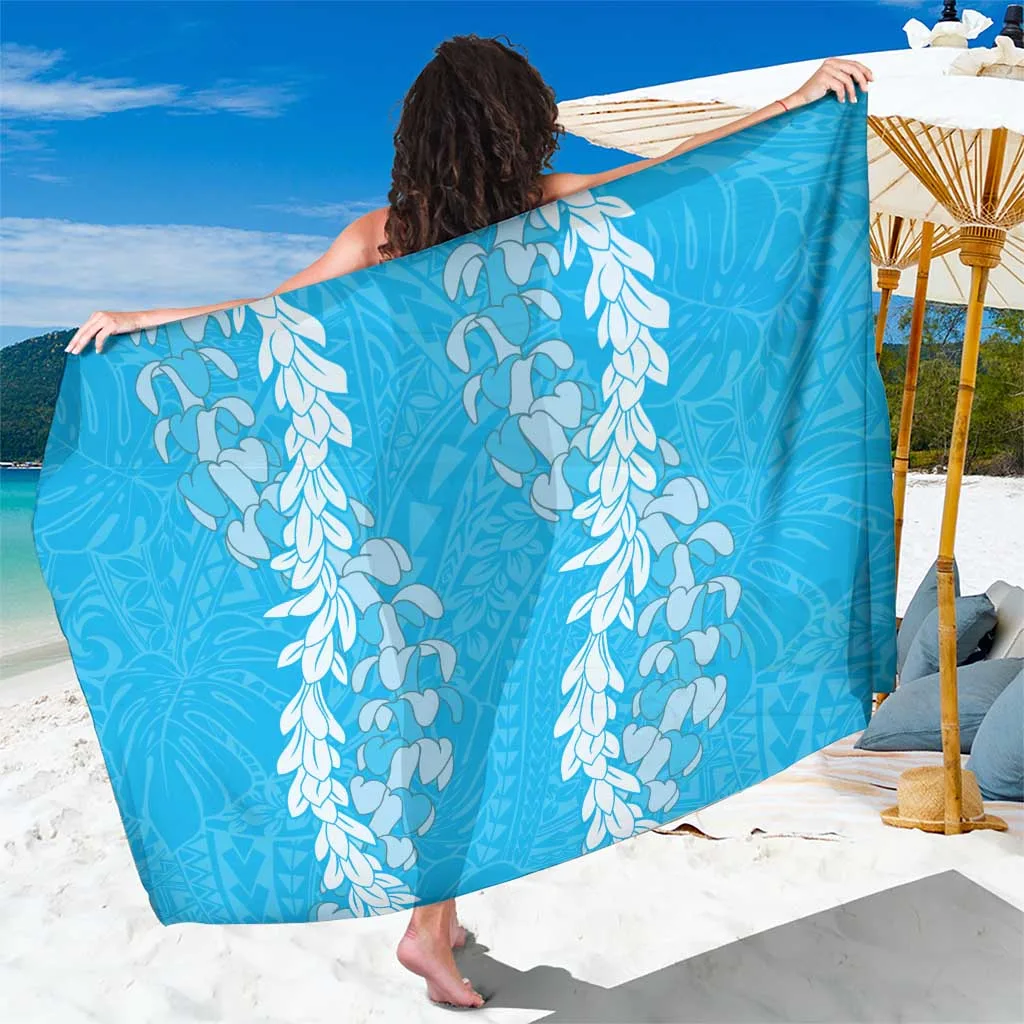 Blue Double Strand Lei Puakenikeni Maile Floral Print Sarong Beach Wrap Hawaiian Tropical Resort Wholesale Pareo - main view