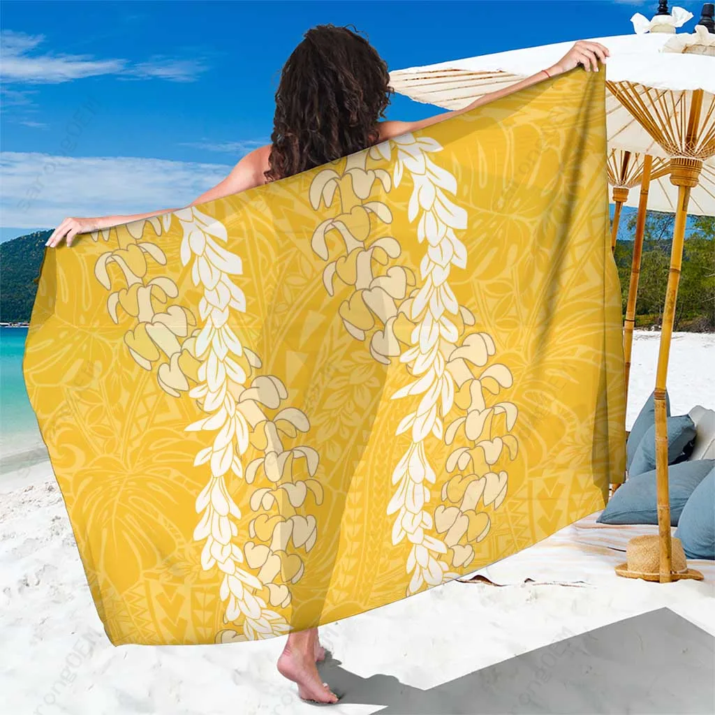 Gold Puakenikeni & Maile Lei Double Strand Sarong, Tropical Hawaiian Floral Beach Wrap Wholesale Pareo - main view