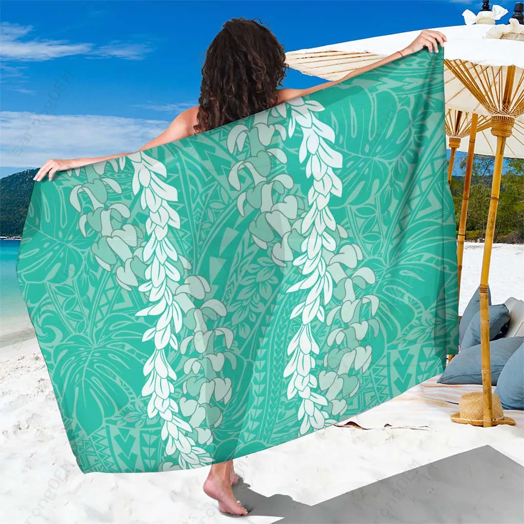 Sage Green Double Strand Lei Puakenikeni & Maile Floral Print Sarong Polynesian Beach Wrap Wholesale Pareo - related