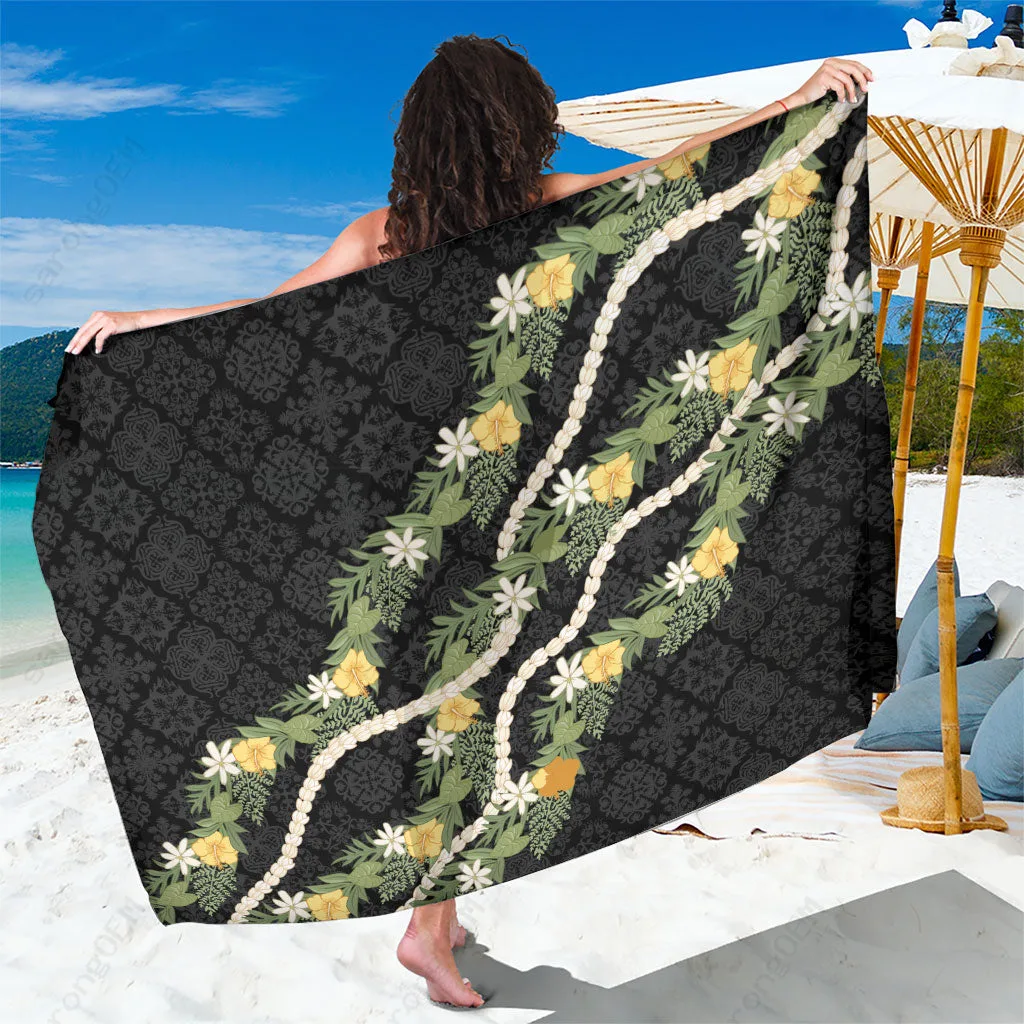 White Puakenikeni Anthurium Pikake Lei Floral Print Sarong Hawaiian Quilt Pattern Beach Wrap Cover Up Wholesale Pareo - main view
