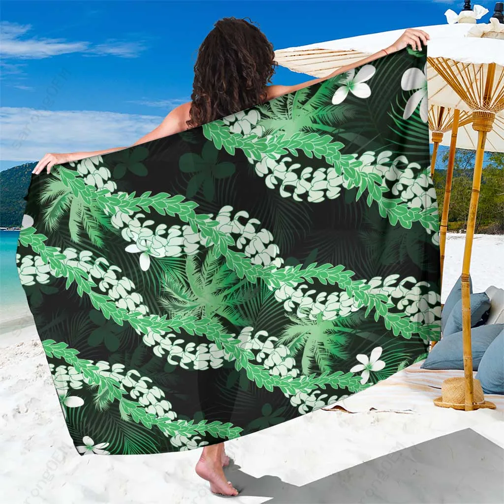 Green Frangipani Hibiscus Tropical Leaves Print Sarong Hawaiian Beach Wrap Pareo Wholesale - main view