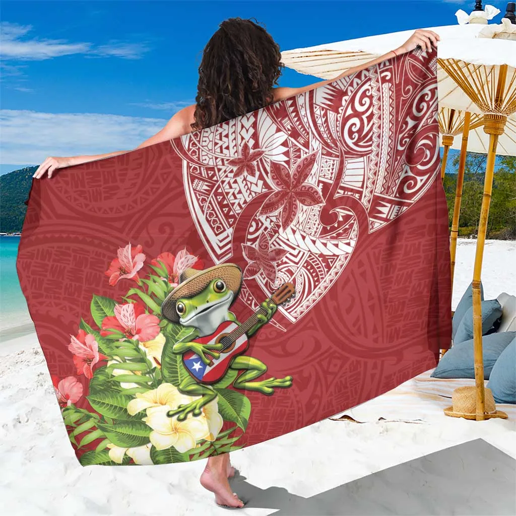 White Tropical Flowers Coqui Frog Hibiscus Print Sarong Polynesian Style Beach Wrap Pareo for Resort Hotel Wholesale - main view