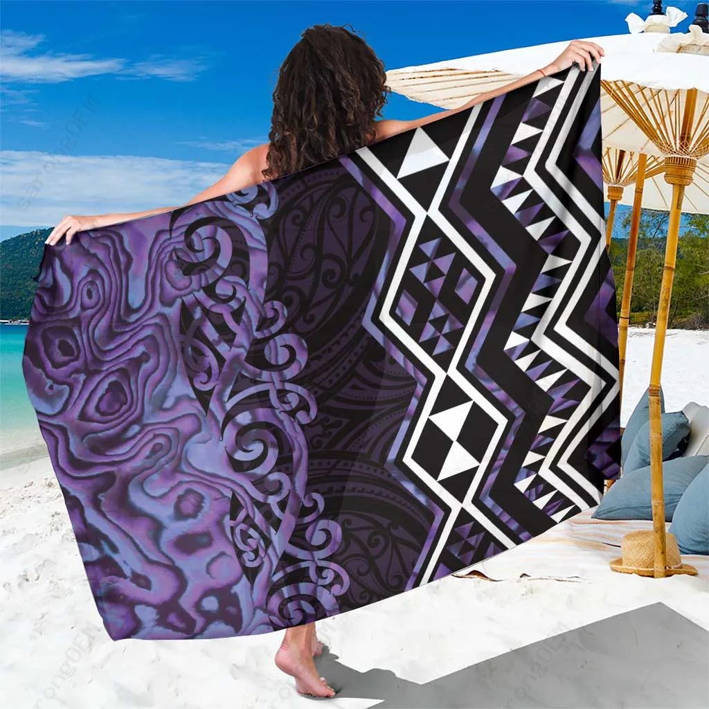 Purple Paua Shell Kowhaiwhai Taniko Motifs Print Sarong Polynesian South Pacific Beach Wrap Wholesale Pareo - main view