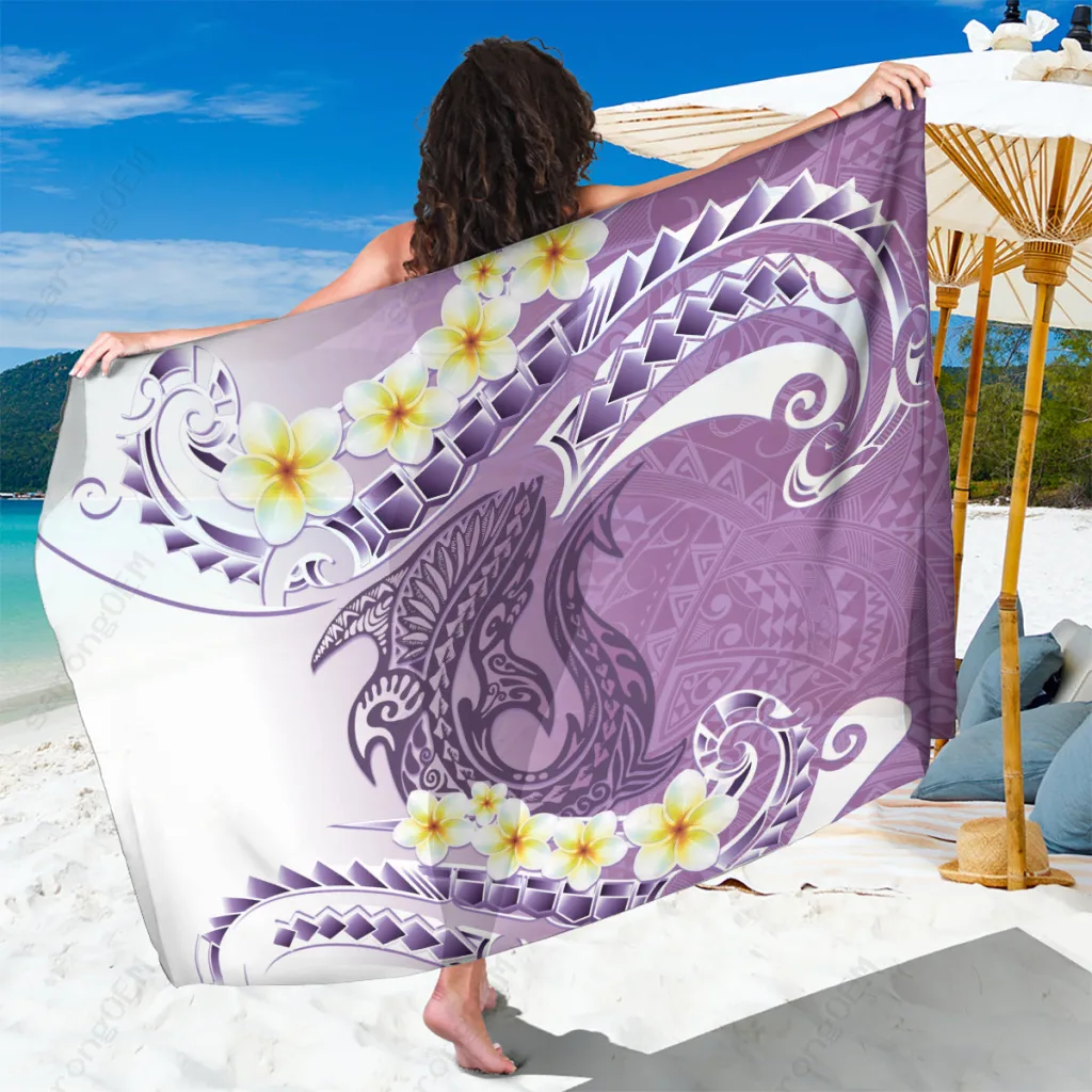Purple Hawaii Frangipani Polynesian Tattoo Print Sarong Beach Wrap Cover Up Island Resort Pareo Wholesale - main view