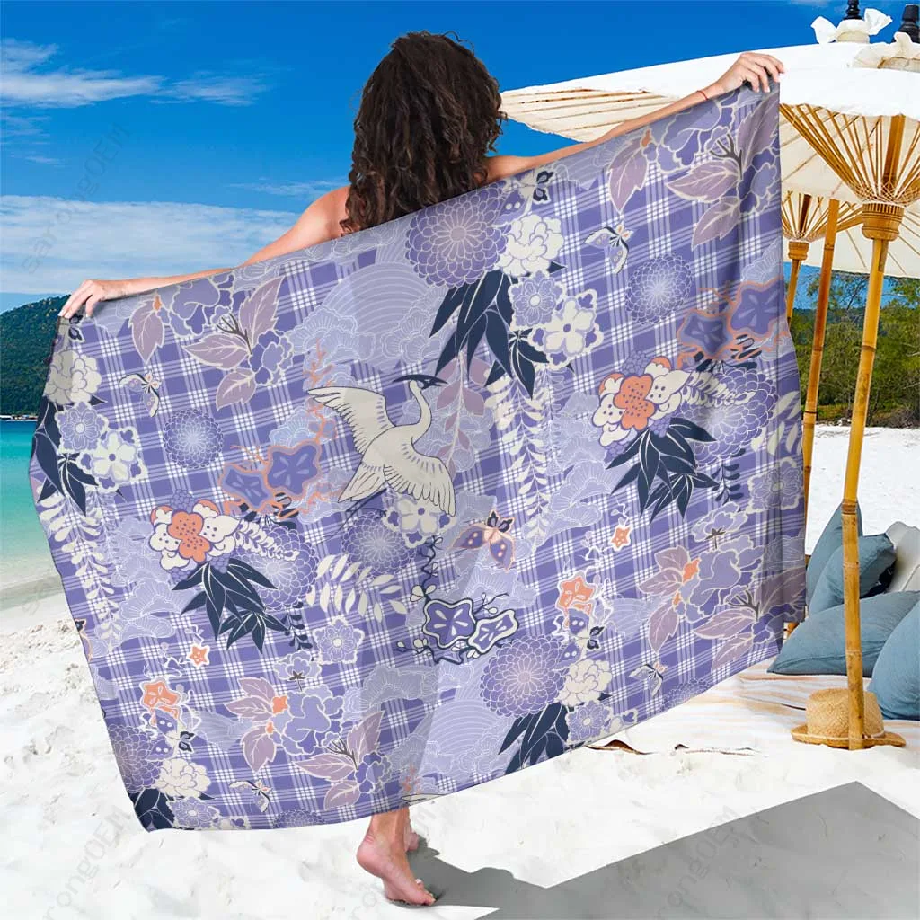 Purple Palaka Crane Floral Print Sarong Japan Heritage Island Beach Cover Up Wholesale Pareo - main view