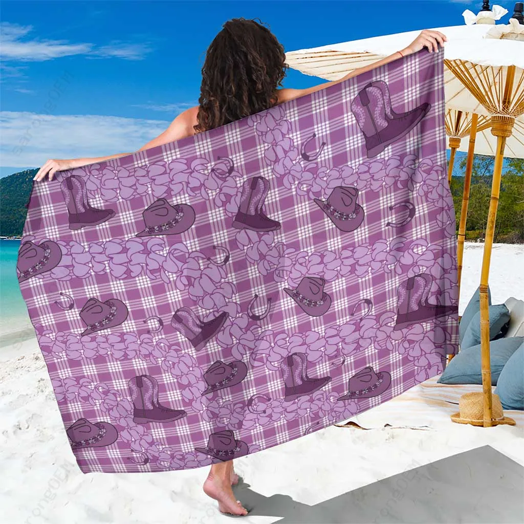 Purple Palaka Cowboy Print Hibiscus Sarong Polynesian Hawaii Beach Wrap Wholesale Pareo - main view