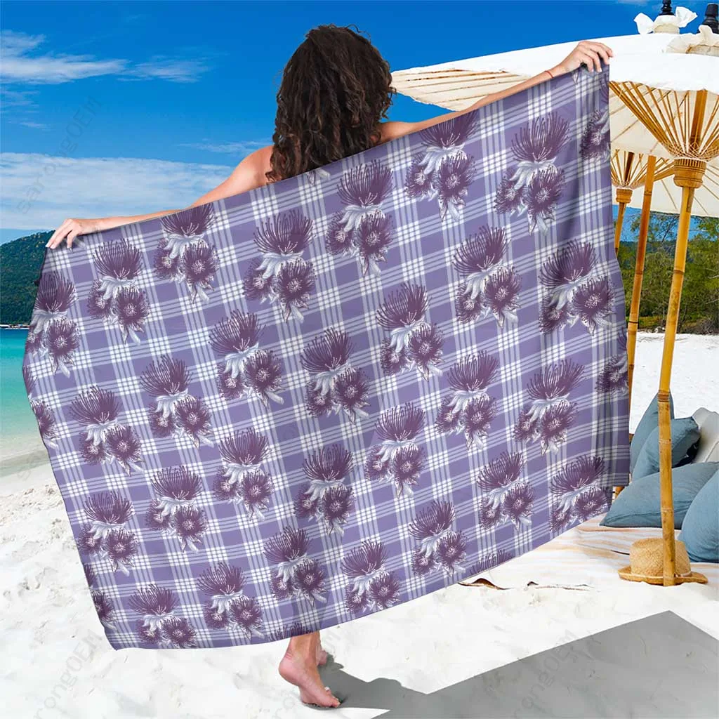 Purple Palaka Hawaii Sarong with Hawaiian Lehua Blossoms Tropical Beach Wrap Pareo Wholesale - main view
