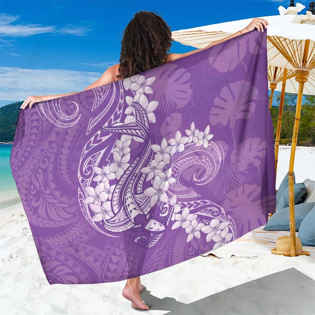Purple Plumeria Polynesian Tattoo Print Sarong Beach Wrap for Resort Hotel Wholesale Pareo - main view