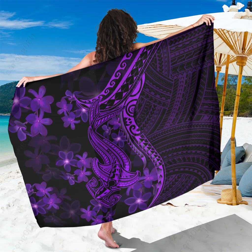 Purple Polynesian Plumeria Tribal Tattoo Print Sarong Beach Wrap Resort Cover Up Wholesale Pareo - main view