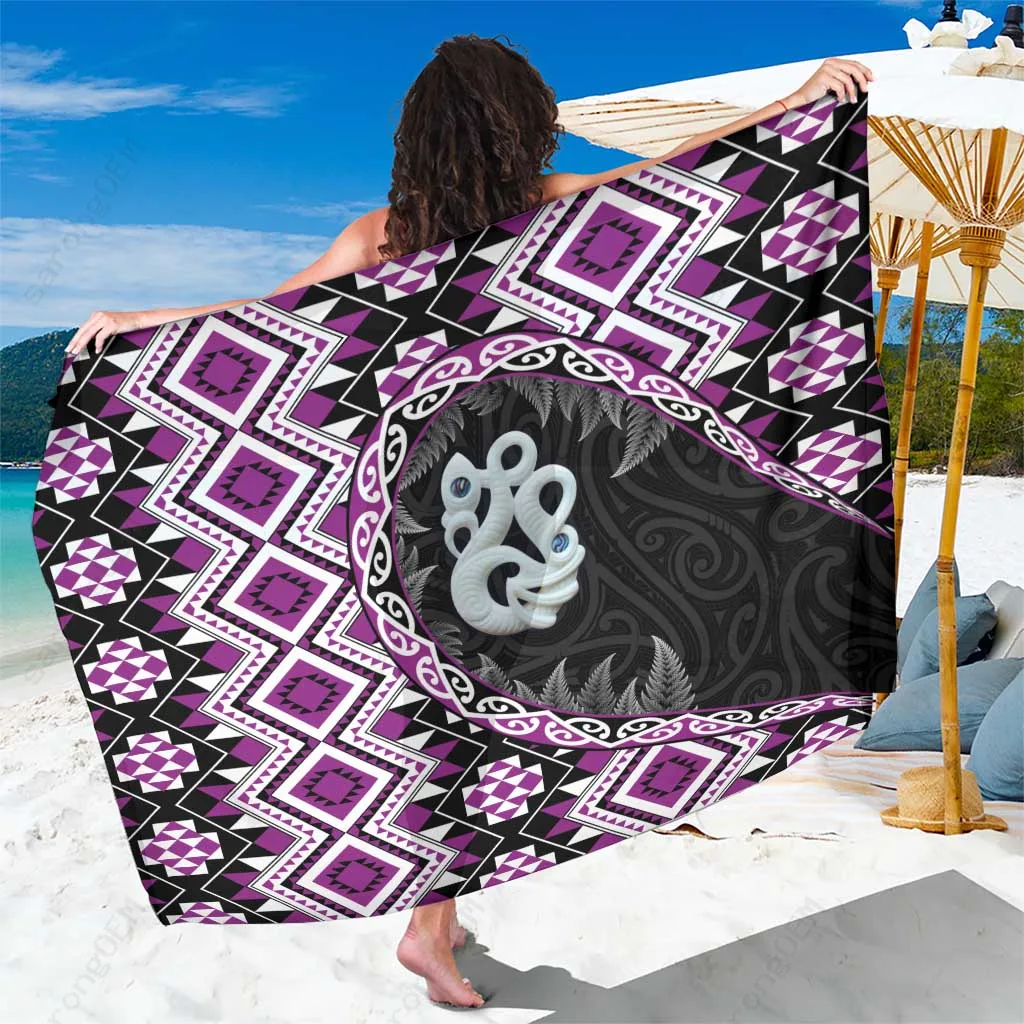 Purple Silver Fern Manaia Tribal Print Sarong Polynesian Beach Wrap Cover Up Wholesale Pareo - related
