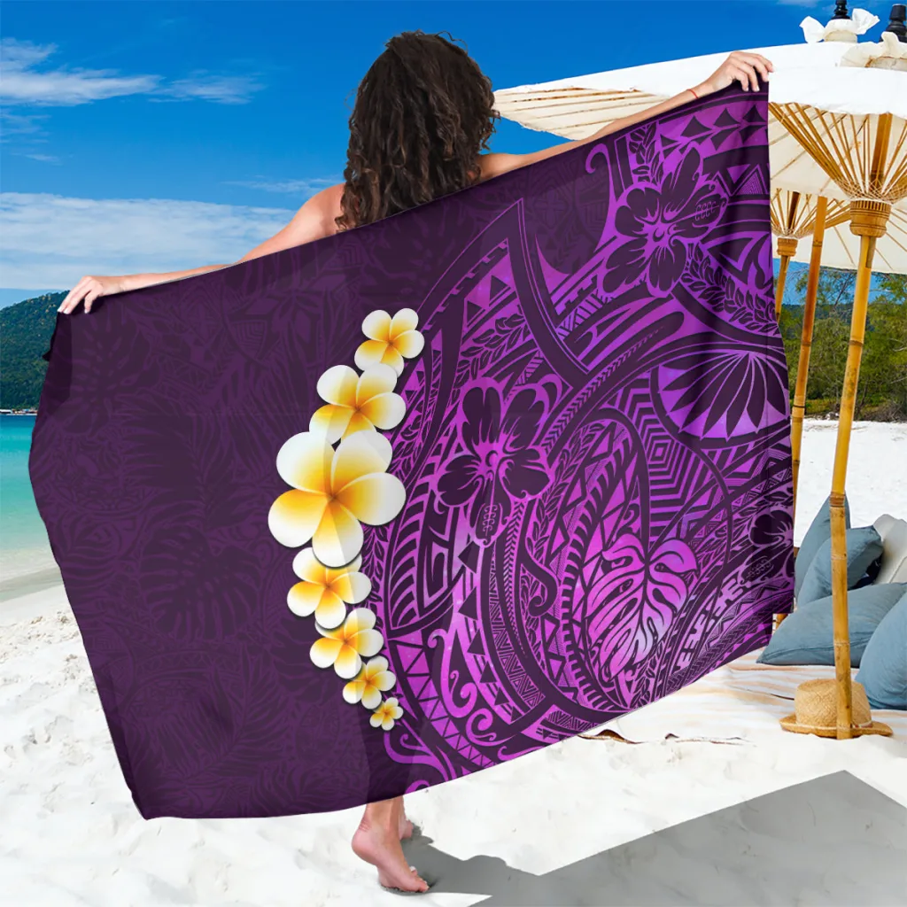 Purple Tropical Plumeria With Galaxy Polynesian Art Sarong - main view