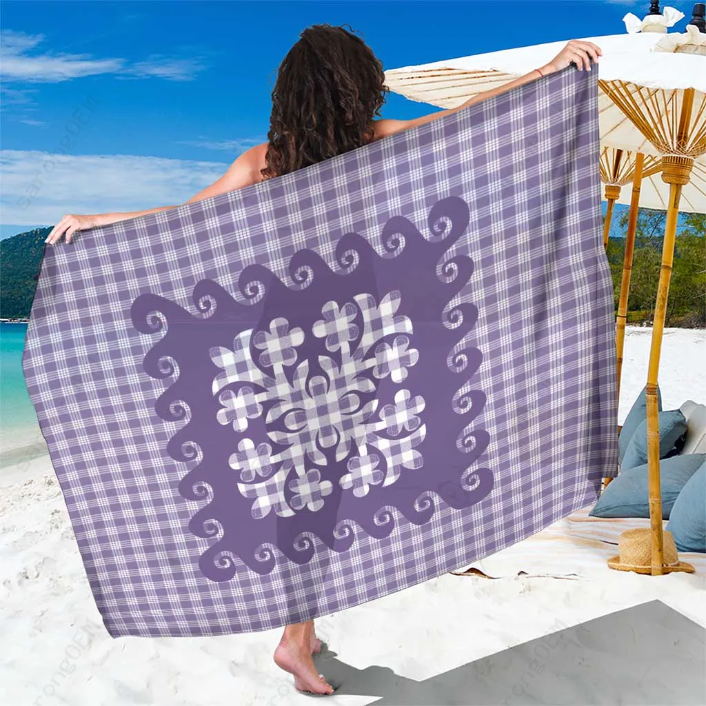 Purple Ulu Palaka Quilt Pattern Print Sarong Hawaii Culture Breadfruit Beach Wrap Pareo Wholesale - main view