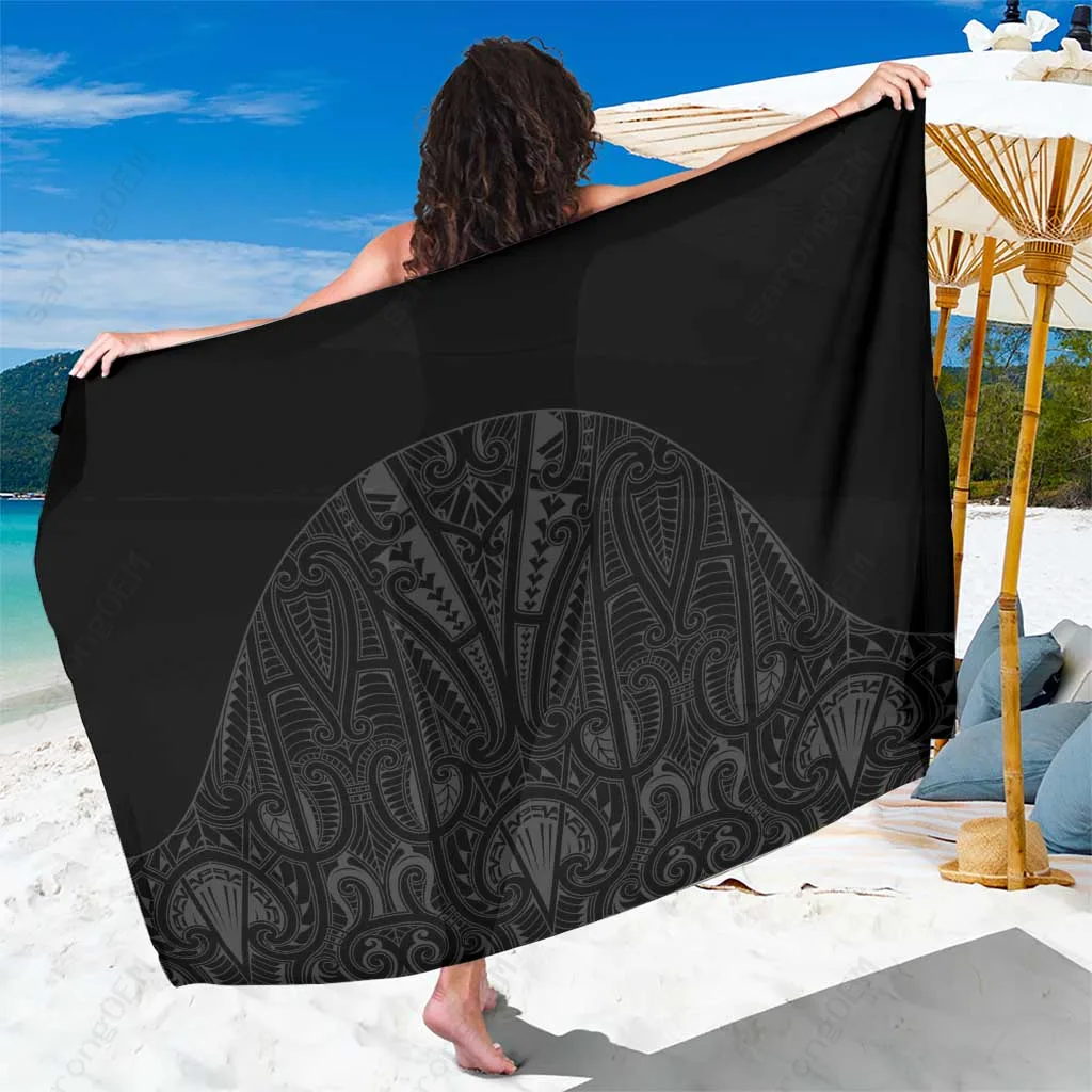 Black Maori Tribal Feather Motif Print Sarong Polynesian Style Beach Cover Up Wrap Wholesale Pareo - main view