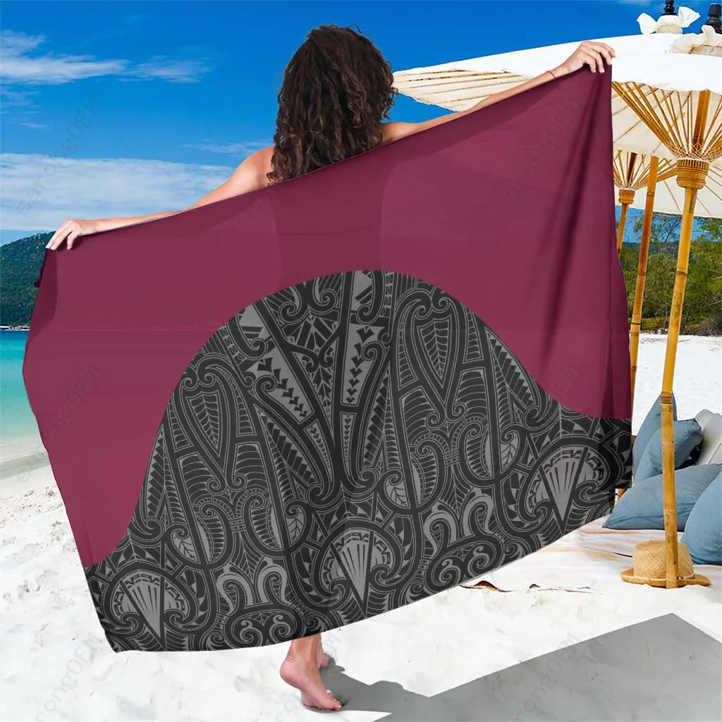 Maroon Maori Rugby Nga Hau E Wha Tribal Motif Print Sarong Polynesian Style Beach Cover Up Wholesale Pareo - main view