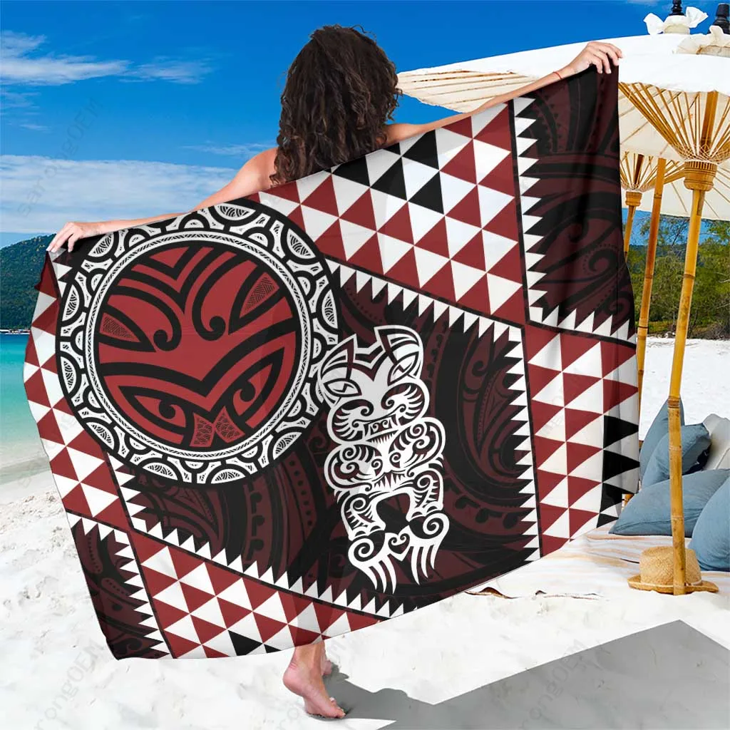 Red Maori Niho Taniwha Tooth Taniko Motifs Print Sarong Polynesian Beach Wrap Pareo Wholesale - main view