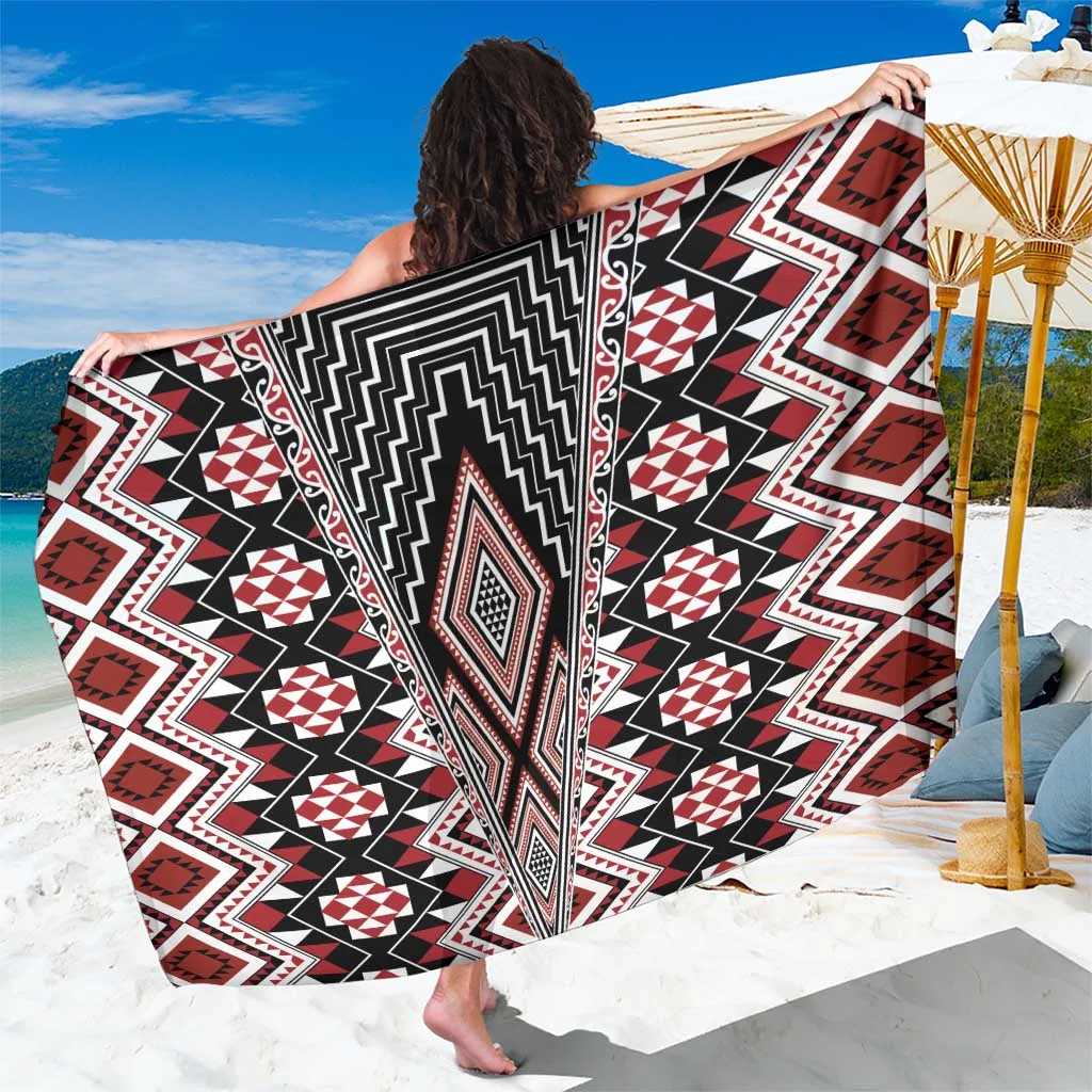 Red Aotearoa Tukutuku & Poutama Motif Sarong Polynesian Geometric Print Beach Wrap for Resort Wholesale Pareo - related
