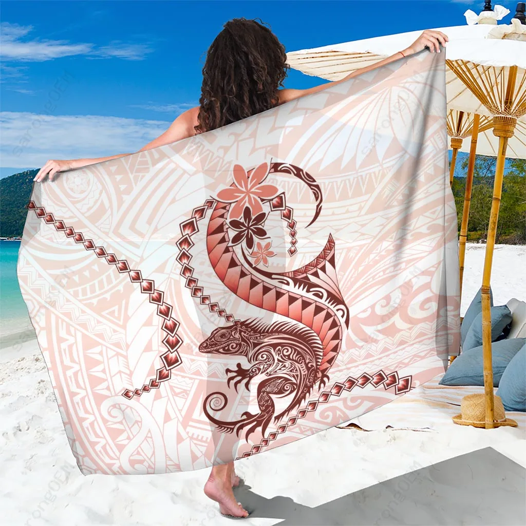 Red Maori Tuatara Sarong Luxury Pastel Pattern Polynesian Beach Wrap Cover Up Wholesale Pareo - main view